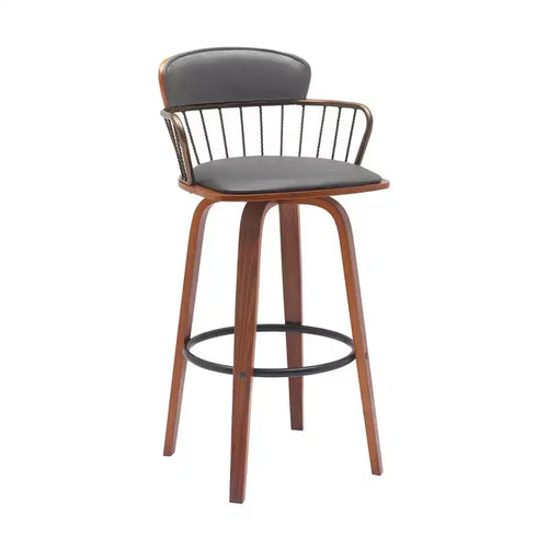 76.2 cm Bar Height Swivel Chair – Gray & Wood Brown Faux Leather, Low Back