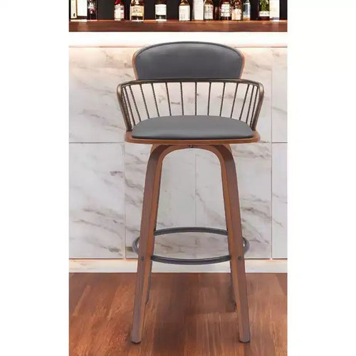 Sedia Girevole con Altezza Bancone di 76,2 cm – Pelle Sintetica Grigia e Marrone Legno, Schienale Basso