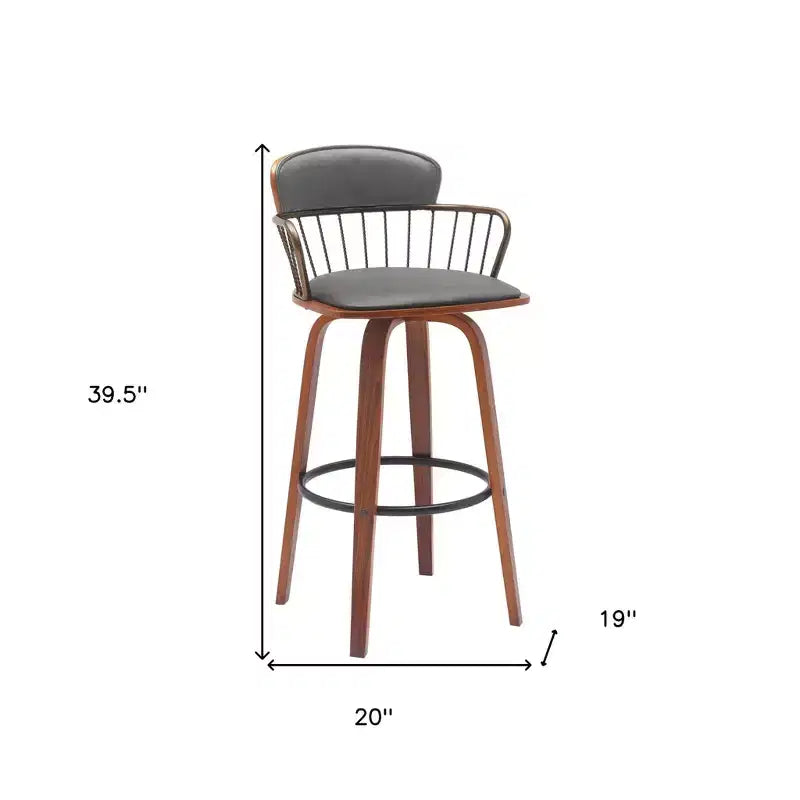 Sedia Girevole Altezza Bancone 30" – Pelle Sintetica Grigia e Marrone Legno, Schienale Basso