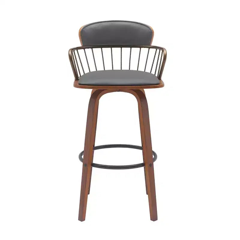 Sedia Girevole Altezza Bancone 30" – Pelle Sintetica Grigia e Marrone Legno, Schienale Basso